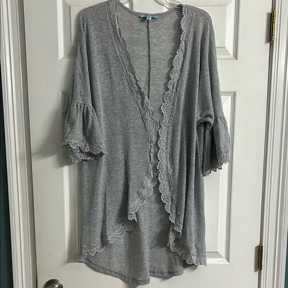 She + Sky Gray Lace Trim Cardigan Sz XL